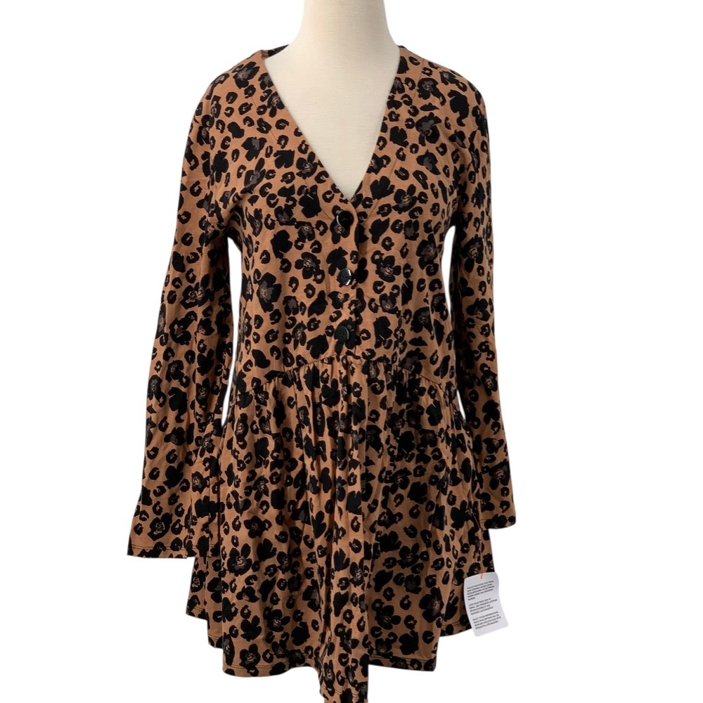 ASOS DESIGN Leopard Button Front Tunic Dress Mini‎ Long Sleeve Tan/Black Size 4